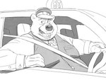 anthro car clothing hat headgear headwear humanoid_hands inside_car inside_vehicle kemono male necktie overweight overweight_male shirt sitting solo topwear vehicle yamakake bear mammal 2022 4:3 hi_res monochrome