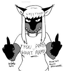 angry anthro breasts female fur gesture gloves_(marking) hair hand_gesture markings middle_finger solo text tegerio rina_(runei) canid canine fox mammal 2024 english_text greyscale hi_res monochrome herm_(lore)