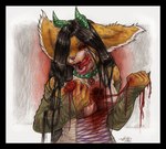 anthro auto_vore black_border blood bodily_fluids border clothing collar corset d: female female_pred gore grotesque hard_vore horn licking licking_lips licking_own_lips lingerie piercing red_eyes self_lick solo tongue tongue_out tongue_piercing topwear vore what vera_(artist) vera_(vera) langurhali 2006 half-length_portrait portrait traditional_media_(artwork)