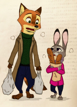 anthro baguette barefoot bottomwear bread clothed clothing dipstick_ears duo ear_markings feet food fully_clothed fur grey_body grey_fur looking_at_another multicolored_ears open_mouth orange_body orange_fur pants plantigrade plastic_bag sweater topwear nklove3104 disney zootopia judy_hopps nick_wilde canid canine fox lagomorph leporid mammal rabbit red_fox true_fox 2017