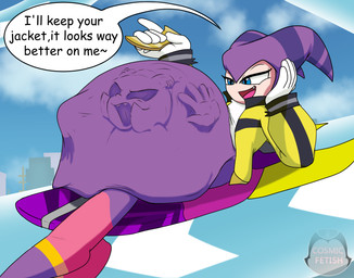 abdominal_bulge ambiguous_gender ambiguous_pred angry_prey anthro blue_eyes clothing dialogue duo face_imprint female female_prey hand_imprint imprint jacket lying on_back purple_body sky smug speech_bubble sportswear struggling struggling_prey text topwear unwilling_prey vore yellow_clothing yellow_jacket_(clothing) yellow_topwear xcosmicfetishx idw_publishing nights_into_dreams sega sonic_the_hedgehog_(comics) sonic_the_hedgehog_(idw) sonic_the_hedgehog_(series) nights_(nights_into_dreams) surge_the_tenrec afrosoricid humanoid mammal tenrec 2025 english_text hi_res watermark