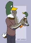 anthro beak bottomwear clothed clothing duo feathered_wings feathers feral hand_on_chin male nude shirt simple_background tail text topwear wings tabbiewolf anas anatid anseriform avian bird dabbling_duck duck mallard digital_media_(artwork) english_text