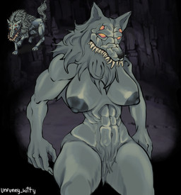 4_eyes abs anthro areola biceps big_breasts breasts cave clothed clothing covered_vulva female feral fingers fur hair hairy_vulva horror_(theme) huge_breasts looking_at_viewer mane multi_eye multi_teeth muscular muscular_anthro muscular_arms muscular_female muscular_thighs navel nipples nude pubes sharp_teeth simple_background small_waist snout solo standing teeth teratophilia thick_thighs topless topless_female wide_hips unfunny_kitty fear_and_hunger mythology moonless canid canine canis mammal monster mythological_canine mythological_creature werecanid werecanine werecreature werewolf wolf 2025 absurd_res colored dark_theme digital_drawing_(artwork) digital_media_(artwork) hi_res shaded
