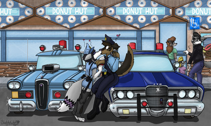 accessory anthro beverage black_hair blonde_hair blue_clothing boots bottomwear bra breasts brown_body brown_fur brown_hair building car cigarette cleavage clothed clothing clothing_pull coffee denim denim_bottomwear denim_clothing dessert distracted doughnut family female female/female food footwear fur green_clothing grey_body grey_fur group hair hair_bun hand_behind_neck heart_symbol jacket jeans kiss_on_lips kissing leather leather_clothing leather_jacket leather_topwear long_hair male markings necktie pants pastry pink_clothing police police_car police_hat police_officer police_uniform police_vehicle pulling_shirt_down question_mark red_clothing shirt shoes sitting_on_car size_difference striped_markings striped_tail stripes surprise_kiss surprised t-shirt tail tail_markings topwear underwear uniform vehicle walking_into_pole sketchywolf-13 edsel ford foxy_caine rebecca_koon sierra_bauer sketchy_wolf canid canine canis domestic_dog fox german_shepherd herding_dog mammal pastoral_dog wolf 2026 absurd_res colored hi_res parent_(lore) parent_and_child_(lore)