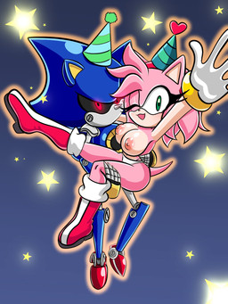accessory anthro boots bracelet breasts carrying_another claws clothed clothing duo female flying footwear gloves green_eyes hair_accessory hairband handwear hat headgear headwear jewelry machine male one_eye_closed panties party_hat shoes smile star topless topless_female underwear demichan sega sonic_the_hedgehog_(series) amy_rose metal_sonic eulipotyphlan hedgehog mammal robot 3:4 hi_res