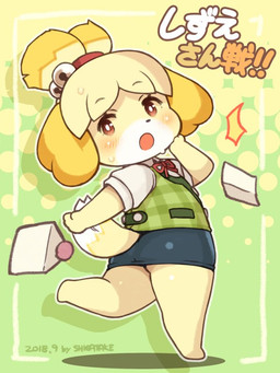 bell blonde_hair blush bodily_fluids bottomwear brown_eyes butt clothing envelope eyebrow_through_hair eyebrows female green_background hair jingle_bell letter looking_back monotone_bottomwear monotone_clothing monotone_skirt on_one_leg open_mouth paper pencil_skirt rear_view ribbons shirt short_hair simple_background skirt solo standing surprised sweat text tied_hair topknot topwear translucent translucent_hair vest yellow_background shigatake animal_crossing nintendo super_smash_bros. isabelle_(animal_crossing) canid canine canis domestic_dog mammal shih_tzu toy_dog 2018 3:4 compression_artifacts dated japanese_text signature translated