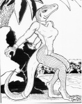 1996 anthro beach big_breasts black_and_white breasts clothing feet female komodo_dragon lizard monitor_lizard monochrome non-mammal_breasts one-piece_swimsuit oscar_marcus outside palm_tree pinup plant pose reptile rock sand scalie sea seaside solo sport_swimsuit swimwear tail talons toes tree water
