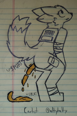 ambiguous_gender anthro armor bandage breastplate butt colored_feces diarrhea digitigrade eyelashes feces feces_pile fluffy fluffy_tail hip_bag onomatopoeia pooping rear_view solo sound_effects tail text uncomfortable unusual_feces cartist casualties:_unknown expie_(gunsawian) gunsawian absurd_res hi_res monochrome traditional_media_(artwork)