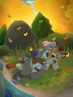 animal_genitalia anthro antlers autumn autumn_leaves balls big_ears blush bodily_fluids cum cum_on_ground duo ejaculation erection exhibitionism forest forest_background genital_fluids genitals horn looking_pleasured lying male male/male nature nature_background on_ground outside_sex penis plant river sex sheath thigh_sex tree floraltrash brioche_(floraltrash) cj_(snekinabox) australian_shepherd canid canine canis deer domestic_dog herding_dog hybrid lagomorph leporid mammal pastoral_dog rabbit sheepdog hi_res nonbinary_(lore)