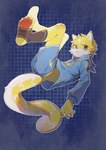 4_toes anthro bottomwear clothing feet footwear kemono lightning_bolt looking_at_viewer male simple_background solo text toes topwear yellow_body young young_anthro young_male ningning canid mammal english_text hi_res