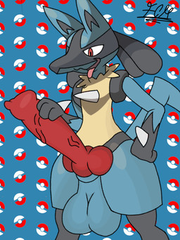 3_fingers animal_genitalia animal_penis balls big_balls big_penis biped black_body black_fur blue_body blue_fur canine_genitalia canine_penis chest_spike facial_markings fingers fur genitals hand_on_leg hand_on_penis hand_on_thigh head_markings huge_balls huge_penis knot male markings mask_(marking) masturbation multicolored_body multicolored_fur open_mouth pattern_background penis pointy_ears pokeball red_eyes simple_background solo spikes spikes_(anatomy) tan_body tan_fur tongue tongue_out vein veiny_penis furrito_calientehot nintendo pokemon generation_4_pokemon humanoid lucario pokemon_(species) 3:4 absurd_res hi_res signature