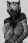 anthro black_body black_fur clothing ear_piercing female fishnet_clothing fishnet_topwear fur hair industrial_piercing messy_hair piercing pose solo topwear white_hair conditional_dnp oouna chrome_(foxxel) canid canine canis mammal wolf 2013 black_and_white hi_res monochrome pinup