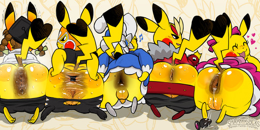 3_toes 4_fingers accessory anal_fluids anus back_markings backsack balls big_anus big_butt black_bottomwear black_clothing black_ear_tips black_hat black_headwear black_pants black_sclera black_shirt black_tail_tip black_topwear blue_clothing blue_dress blush blush_lines bodily_fluids bottomwear bottomwear_down bow_ribbon braided_hair brown_hair brown_markings butt butt_squish buttplug closed_smile clothed clothed_female clothed_feral clothed_male clothing cosplay_pikachu_(costume) crossdressing darkened_anus devil_horns_(gesture) dipstick_ears dipstick_tail dress ear_markings eyelashes eyes_closed feet female female/female female_feral feral fingers flaccid flying_sweatdrops footwear frilly frilly_clothing frilly_dress fur genitals gesture glistening glistening_balls glistening_butt glistening_genitalia glistening_vulva group hair hair_accessory hair_bow hair_ribbon hand_gesture hand_on_butt hand_on_own_butt hat headgear headwear heart_symbol jacket looking_back luchador male male/female male_feral markings mask mouth_closed multicolored_ears musical_note musical_symbol open_mouth open_smile pants pants_down partially_clothed penis pink_bow pink_clothing pink_dress plug_(sex_toy) presenting presenting_anus raised_tail rear_view red_cheeks red_clothing red_footwear red_jacket red_shoes red_topwear ribbons sex_toy shaking shirt shoes small_nose smile spread_anus spread_butt spreading squish sweat sweatdrop sweaty_butt symbol tail tail_markings text toes topwear trembling vulva white_clothing white_eyes white_footwear white_shoes wrestler y_anus yellow_balls yellow_body yellow_fur yellow_nose yellow_penis yellow_tail sharkysocks nintendo pokemon pikachu_belle pikachu_libre pikachu_ph._d pikachu_pop_star pikachu_rock_star generation_1_pokemon mammal pikachu pokemon_(species) rodent 2025 absurd_res artist_name digital_media_(artwork) hi_res