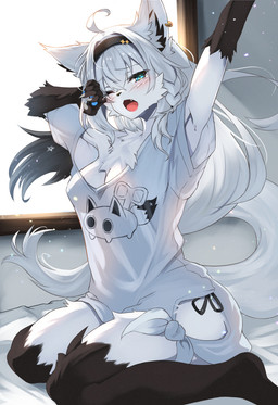 accessory alternate_species anthro bedroom black_body black_fur black_hairband bodily_fluids breasts claws cleavage clothed clothing ear_piercing female fur hair hair_accessory hairband inner_ear_fluff kemono kneeling light long_hair messy_hair morning multicolored_body multicolored_fur multicolored_tail one_eye_closed open_mouth panties piercing shirt sitting solo stretching_arms sunlight symbol_on_tail t-shirt tail tears topwear tuft underwear waking_up wariza white_body white_clothing white_fur white_shirt white_topwear yawn an_chobi94 hololive vtuber shirakami_fubuki canid canine fox mammal digital_media_(artwork) hi_res portrait three-quarter_portrait
