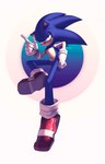 anthro blue_body clothing footwear gesture gloves green_eyes hand_gesture hand_on_hip handwear male pointing shoes sitting smug solo speendlexmk2 sega sonic_the_hedgehog_(series) sonic_the_hedgehog eulipotyphlan hedgehog mammal absurd_res hi_res