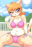 anthro belly bikini biped blue_eyes blush bodily_fluids breasts cleavage clothed clothing deep_navel eyelashes eyewear fanning female front_view glasses hair heat_(temperature) midriff navel one_eye_closed open_mouth orange_hair outside overheated pink_nose short_hair sitting slightly_chubby solo sweat swimwear thick_thighs two-piece_swimsuit alfa995 queen_(alfa995) domestic_cat felid feline felis mammal 2019 2d_animation animated digital_media_(artwork) motion_tweening short_playtime