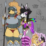anthro armor armwear big_breasts black_hair black_nose blonde_hair breastplate breasts buckteeth cape choker clothed clothing crossdressing dialogue duo_focus ear_piercing elbow_gloves eyebrows eyelashes eyeshadow fantasizing female femboy fully_clothed gloves greaves group guard hair handwear headgear helmet holding_melee_weapon holding_object holding_polearm holding_spear holding_weapon hug jewelry legwear long_hair looking_at_butt makeup male medieval medieval_armor medieval_clothing melee_weapon necklace outside panties pauldron piercing pink_eyeshadow polearm public scale_armor smile spear teeth text thick_thighs thigh_highs thought_bubble underwear vambrace weapon pixiemuledonkey amelia_steelheart pixie_(pixiemuledonkey) asinus avian bird bird_dog canid canine canis corvid corvus_(genus) crow domestic_dog donkey equid equine golden_retriever hunting_dog mammal oscine passerine retriever 1:1 2024 english_text hi_res