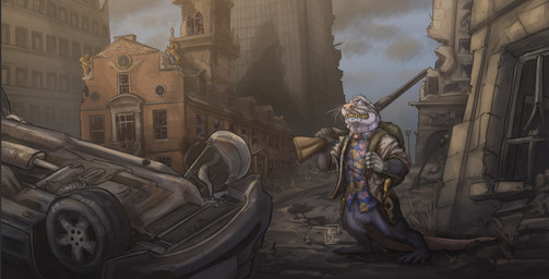 anthro backpack broken_glass car clock cloud debris destroyed_building destroyed_city destroyed_vehicle eyes_closed flipped_car flower_shirt glass grass grin gun holding_backpack holding_object holding_weapon horse_statue light male plant ranged_weapon smile solo sunlight vehicle weapon whiskers mgferret orin_(softdiamond) mammal mustelid otter signature