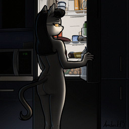 anthro appliance black_hair butt butt_dimples casual_nudity dramatic_lighting female female_anthro fridge fur hair kitchen kitchen_appliance multicolored_body multicolored_fur night nude nude_anthro nude_female open_fridge solo standing text apocheck13 elya_(apocheck13) domestic_cat felid feline felis mammal 1:1 artist_name hi_res portrait