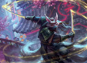 action_pose ambiguous_gender anthro armor asian_clothing bridge building clothing dual_wielding_melee_weapons dutch_angle east_asian_clothing fur gloves grey_body grey_fur hair handwear holding_melee_weapon holding_object holding_sword holding_weapon mask melee_weapon multi_tail outside pose red_eyes samurai sign solo sword sword_swing tail warrior weapon andrew_mar hasbro magic:_the_gathering wizards_of_the_coast canid mammal 2022 official_art