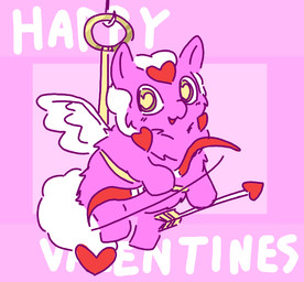 ambiguous_feral ambiguous_gender bow_(weapon) feathered_wings feathers featureless_feet featureless_hands feet feral fur hair heart_pupils holding_arrow holding_bow_(weapon) holding_object holding_ranged_weapon holding_weapon holidays looking_at_viewer monotone_body monotone_fur open_mouth pink_body pink_fur ranged_weapon smile solo suspension tail text weapon white_hair white_tail white_wings wings yellow_eyes young young_ambiguous young_feral squeakyfriend fluffy_pony valentine's_day cupid fluffy_pony_(species) mammal 2026 digital_media_(artwork) english_text flat_colors pink_theme