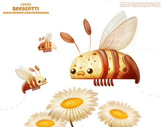 ambiguous_gender antennae_(anatomy) beady_eyes biscotti_(food) black_eyes daisy_(flower) feral flower food group humor insect_wings plant pun simple_background text visual_pun white_background wings piper_thibodeau arthropod bee food_creature hymenopteran insect digital_media_(artwork) digital_painting_(artwork) painting_(artwork) url