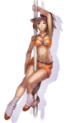 bottomwear bra breasts brown_hair cleavage clothed clothing collar dipstick_tail female hair jewelry looking_at_viewer markings midriff multicolored_tail navel navel_piercing necklace piercing pole ponytail raised_arm shorts smile solo stripper_pole tail tail_markings thong tight_clothing underwear wide_hips kardie animal_humanoid cat_humanoid felid felid_humanoid feline feline_humanoid humanoid mammal mammal_humanoid 2016 hi_res