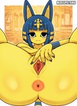 animal_crossing ankha_(animal_crossing) anthro anus blue_hair breasts domestic_cat felid feline felis female genitals hair hi_res looking_at_viewer lying mammal matospectoru nintendo nude on_back pupils pussy spread_pussy spreading yellow_body