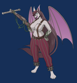 anthro belt big_breasts blue_eyes bottomwear breasts chest_strap clothed clothing cosplay crossbow ear_tuft female hair huge_breasts long_hair navel pants ranged_weapon solo suspenders tongue tongue_out topless tuft weapon wings tentaclebaka deadlock_(game) valve ivy_(deadlock) lazy_fangs bat hybrid mammal reptile scalie snake viper alpha_channel hi_res