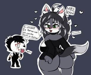anthro butt chibi dildo_mask duo female gangster green_eyes grey_hair hair male male/female mature_female rear_view tail text mofuaki loba mike_okami_(character) zil_(mofuaki) canid canine canis human mammal wolf hi_res spanish_text translated
