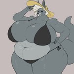 anthro big_breasts bikini black_sclera breasts cleavage clothed clothing female hair huge_breasts looking_at_viewer mature_anthro mature_female overweight overweight_anthro overweight_female solo swimwear thick_thighs two-piece_swimsuit white_hair wide_hips blueryker aurele_(blueryker) canid canine canis jackal mammal 1:1 hi_res