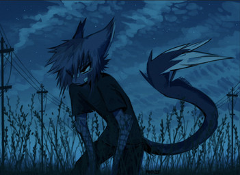anthro bandage bandage_on_face biped black_clothing black_shirt black_topwear blue_body blue_fur clothing dark fur male night power_lines shirt slim_anthro slim_male solo topwear parki33 canid canine fox mammal 2024 hi_res