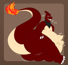 ambiguous_gender anthro big_butt butt butt_grab butt_jiggle evil_grin face_imprint feet fire flaming_tail fully_inside grin hand_on_butt hindpaw imprint jiggling kerchief laugh male onomatopoeia overweight paws rear_view smile solo sound_effects struggling struggling_prey tail teasing text thick_tail thick_thighs vore wide_hips missingphd mythology nintendo pokemon charmeleon dragon generation_1_pokemon mythological_creature mythological_scalie pokemon_(species) scalie hi_res