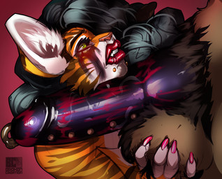 anthro balls big_balls big_penis black_hair black_stripes brown_body brown_fur colored_nails duo facial_piercing femboy fingernails frenum_ladder frenum_piercing fur genital_piercing genitals green_eyes hair huge_penis ladder_piercing lips lipstick lipstick_on_penis makeup male male/male multicolored_body multicolored_fur nails orange_body orange_fur penis penis_piercing penis_ring_(piercing) piercing pink_fingernails pink_nails prince_albert_piercing red_lipstick ring_piercing striped_body striped_fur stripes thick_lips white_body white_fur djpuppeh zane_(zhali) felid mammal murid murine pantherine rat rodent tiger 2025 absurd_res hi_res