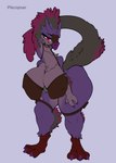 anthro big_breasts breasts cleavage clothed clothing countershading curvy_figure feathers female fluffy fur heterochromia horn leaning looking_at_viewer neck_tuft nipple_outline nipples non-mammal_breasts non-mammal_nipples pose purple_body purple_feathers red_eyes scales simple_background solo standing tail thick_thighs tuft wide_hips plecopsar capcom monster_hunter fan_character bird_wyvern seikret absurd_res hi_res pinup