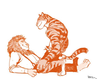 4_fingers anthro barefoot bottomwear clothed clothing countershading duo feet fingers fur kneeling lying male mane markings money on_top pants shirt shorts simple_background smile straddling striped_body striped_fur striped_markings striped_tail stripes suspenders tail tail_markings topless topwear white_background unknown_artist disney zootopia leodore_lionheart tiger_dancer_(zootopia) felid lion mammal pantherine tiger