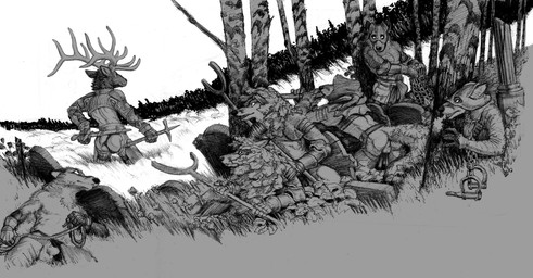 ambiguous_gender anthro armor bottomwear clothed clothing group imminent_kidnapping male muscular muscular_anthro muscular_male outside partially_clothed simple_background stalking tombstone topwear unconvincing_armor weapon momamo canid canine cervine deer elk fox mammal 2025 absurd_res hi_res monochrome traditional_media_(artwork)