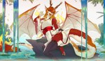 anthro biped bottomwear breasts butt clothed clothed_anthro clothed_female clothing countershade_torso countershading feet female fully_clothed fully_clothed_anthro fully_clothed_female hair horn legwear looking_at_viewer navel open_mouth orange_hair outside red_body red_scales red_tail scales solo tail teeth thigh_highs toes tongue topwear water wings momobeda mythology dragon mythological_creature mythological_scalie scalie 2025 digital_media_(artwork)