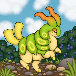 1_toe 2_horns 2_tails ambiguous_gender berry berry_shrub big_eyes claws cloud contiguous_snout curved_horn day detailed_background digitigrade feral flat_tail food fruit grass green_body horn lidded_eyes looking_away markings mouthless multi_tail on_hind_legs on_one_leg orange_body orange_horn outside overweight overweight_ambiguous plant quadruped rock rounded_snout shrub sky snout solo spikes spikes_(anatomy) standing tail three-quarter_view toe_claws yellow_body yellow_eyes yellow_markings summerfruit nintendo pokemon caterpie generation_1_pokemon generation_5_pokemon hybrid_pokemon pokemon_(species) scolipede 1:1 2026 colored digital_drawing_(artwork) digital_media_(artwork) gimp_(artwork) hi_res shaded soft_shading