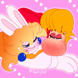 4_fingers anthro big_nose black_eyes blonde_hair blue_ear_piercing blue_eyes blush blush_lines blushing_profusely brown_eyebrows circle closed_smile clothed clothed_humanoid clothed_male clothing cuddling duo ear_piercing eye_contact eyebrows face_squish female female_anthro fingers footwear fur gloves glowing glowing_body hair half-closed_eyes handwear heart_symbol hearts_around_head hoodie interspecies larger_humanoid larger_male light long_ears long_hair looking_at_another love lying male male/female male_humanoid mouth_closed narrowed_eyes nose_blush noseless on_front one_eye_closed piercing pink_background pink_clothing pink_topwear red_clothing red_eyelids red_hoodie red_topwear shoes short_hair simple_background size_difference smaller_anthro smaller_female smile smiling_at_another smiling_at_partner squish tan_body tan_eyelids tan_inner_ear tan_skin text topwear white_body white_clothing white_fur white_gloves white_handwear yellow_clothing yellow_footwear yellow_shoes flamigoat mario_bros mario_plus_rabbids_kingdom_battle nintendo raving_rabbids rayman_(series) ubisoft rabbid_peach rayman humanoid lagomorph mammal rabbid raypeople_(rayman) 1:1 2025 artist_name colored crossover digital_drawing_(artwork) digital_media_(artwork) hi_res lighting shaded