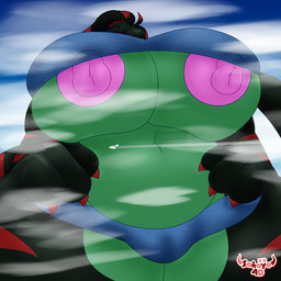 4_fingers aircraft airplane areola big_breasts breast_squish breasts clothed clothing cloud extreme_size_difference female fingers genitals green_body green_hair hair hand_on_hip huge_breasts low-angle_view macro nipples partially_clothed red_accents red_eyes scales size_difference sky skyscape solo squish standing tail undersized_clothing vehicle sokoyo_owo dinosaur dromaeosaurid prehistoric_species reptile saurischian scalie theropod 1:1 hi_res