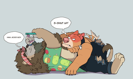 affectionate anthro arm_around_another arm_around_partner barefoot belly biceps big_muscles black_bottomwear black_clothing black_collar black_pants blue_background blue_wristband blush blushing_profusely body_hair bottomwear brown_body brown_fur brown_nose cellphone chest_hair chest_scar claws clothed clothing collar collar_tag cuddling dialogue duo electronics embarrassed embarrassed_expression embarrassed_horny eyebrows feet flirting food_print fruit_print fur green_clothing green_shirt green_topwear grumpy hand_on_belly head_on_belly head_on_chest looking_at_object looking_at_phone love lying lying_on_another lying_on_ground lying_on_partner male male/male mane manly muscular muscular_anthro muscular_male nuzzling on_back on_ground open_clothing open_shirt open_topwear orange_body orange_fur pants pec_scar pecs phone pink_nose plant_print praise praise_kink red_bandana red_clothing scar secretly_loves_it shadow shirt simple_background skull_collar skull_collar_tag speech_bubble tail tail_motion tailwag teasing text thick_arms thick_eyebrows topwear torn_bottomwear torn_clothing torn_pants tough_guy whiskers wristband syncrotrace archie_(syncrotrace) cedar_(syncrotrace) canid canine canis domestic_dog felid feline lion mammal pantherine pit_bull english_text hi_res