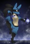 anthro aura_sphere biped fur male outside pokemon_move red_eyes sky solo v-d-k nintendo pokemon canid canine generation_4_pokemon lucario mammal pokemon_(species) 2017 absurd_res hi_res