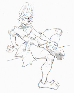 anthro bent_leg collar collar_ring fluffy fluffy_tail handpaw inner_ear_fluff male nude paws raised_leg sitting small_waist solo tail tuft potvoheu2 canid canine mammal digital_media_(artwork) hi_res monochrome sketch