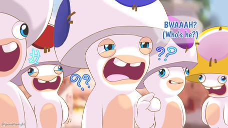anthro asking bent_arm blue_eyes buckteeth clothing confusion derp_eyes dialogue fur gesture group hand_gesture hat hat_only headgear headgear_only headwear headwear_only light male male_anthro mostly_nude mostly_nude_anthro mostly_nude_male motion_lines multicolored_body narrowed_eyes noseless open_mouth open_smile outside pink_tongue pointing question_mark red_mouth screencap screencap_background smile squint tan_body tan_eyelids tan_skin teeth text tongue two_tone_body white_body white_clothing white_fur white_hat white_headwear yellow_clothing yellow_hat yellow_headwear jooniethenight raving_rabbids rayman_(series) the_super_mario_bros_movie ubisoft lagomorph mammal rabbid 16:9 2023 artist_name colored digital_drawing_(artwork) digital_media_(artwork) english_description english_text lighting shaded widescreen