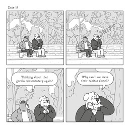 anthro bench bodily_fluids bottomwear clothing crying detailed_background dialogue duo hat headgear headwear male outside overweight overweight_male pants plant sad shirt sitting tears text topwear tree lukehealy canid canine canis domestic_dog mammal 1:1 2023 comic english_text hi_res