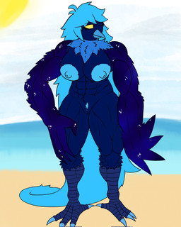 abs anthro areola arm_feathers beach big_breasts blue_body blue_feathers blue_hair breasts claws crotch_tuft feathers feet female fluffy genitals hair hand_on_leg hand_on_thigh long_hair muscular muscular_anthro muscular_female navel nipples non-mammal_breasts non-mammal_navel non-mammal_nipples nude_beach one_eye_closed smile solo standing star talons thick_thighs toe_claws toes tuft vulva wings car_man undertale_(series) undertale_yellow martlet_(undertale_yellow) martlet_(zenith_form) avian bird 2025 hi_res