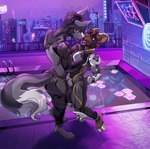 anthro armor bodysuit city cityscape clothing collar digitigrade duo holding_collar holding_object male male/male poolside side_view skinsuit standing tail tight_clothing fight_(artist) bovid canid canine caprine mammal sheep hi_res