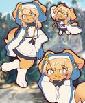 absolute_territory ahoge alternate_species androgyne_symbol anthro bangs biped blonde_eyebrows blonde_hair blue_clothing blue_dress blue_hoodie blue_topwear blurred_background blush bottomwear buckle chibi circle_eyebrows clothed clothed_anthro clothed_female clothing dress eyebrows eyelashes feet female female_anthro floppy_ears fluffy fluffy_hair footwear fur furrification gender_symbol hair hood_up hoodie kemono multicolored_clothing multicolored_dress multicolored_hoodie one_leg_up open_clothing open_hoodie open_topwear oversized_clothing oversized_sleeves oversized_topwear paws pleated_skirt pupils raised_leg screencap screencap_background sidelocks skirt smile socks solo standing symbol tail teal_eyes tongue tongue_out topwear white_clothing white_dress white_footwear white_hoodie white_pupils white_socks white_topwear yellow_body yellow_fur zipper hellseur arc_system_works cc-by-nc-nd creative_commons guilty_gear guilty_gear_strive bridget_(guilty_gear) canid canine canis domestic_dog mammal hi_res multiple_images watermark trans_(lore) trans_woman_(lore)