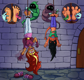 ambiguous_gender bound breasts claws clothing crown dark_body dark_skin fangs feathers feet female female/ambiguous finger_claws foot_fetish foot_focus footwear gloves green_eyes group hair handwear headgear hood hoodie horn legs_tied long_hair sharp_teeth shoes shoes_removed small_breasts spade_tail tail teeth tickle_torture tickling tickling_feet toe_claws topwear upside_down raspberry-joe arzette:_the_jewel_of_faramore zazie demon human humanoid mammal absurd_res hi_res